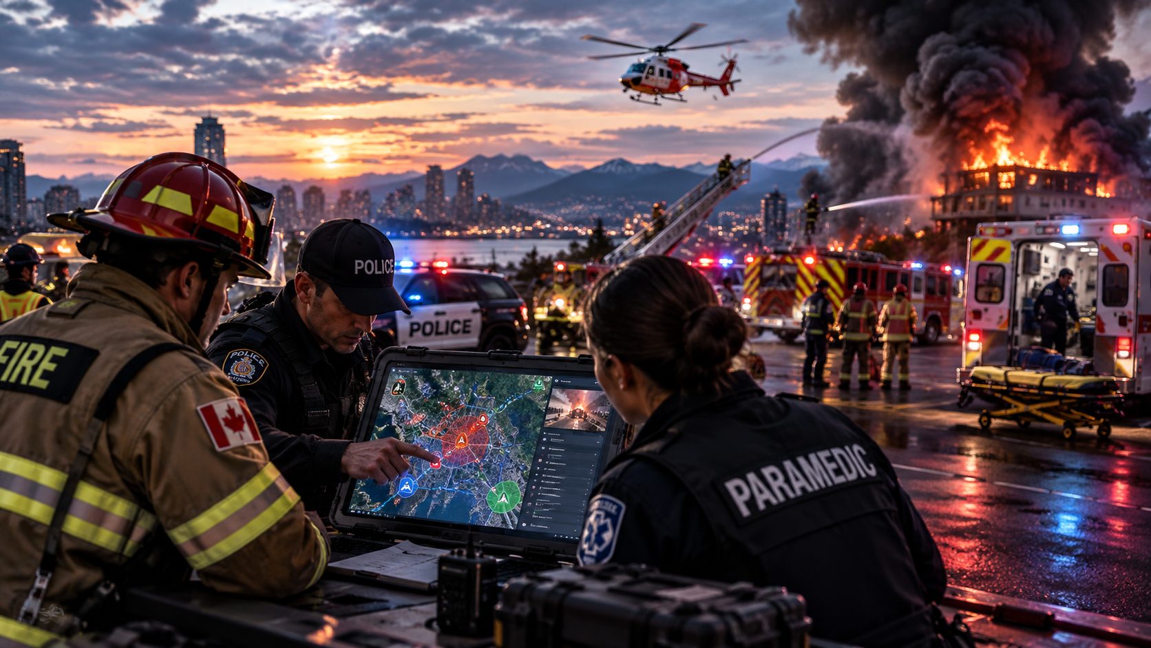 Fire, police and paramedic leads coordinating over a shared incident map